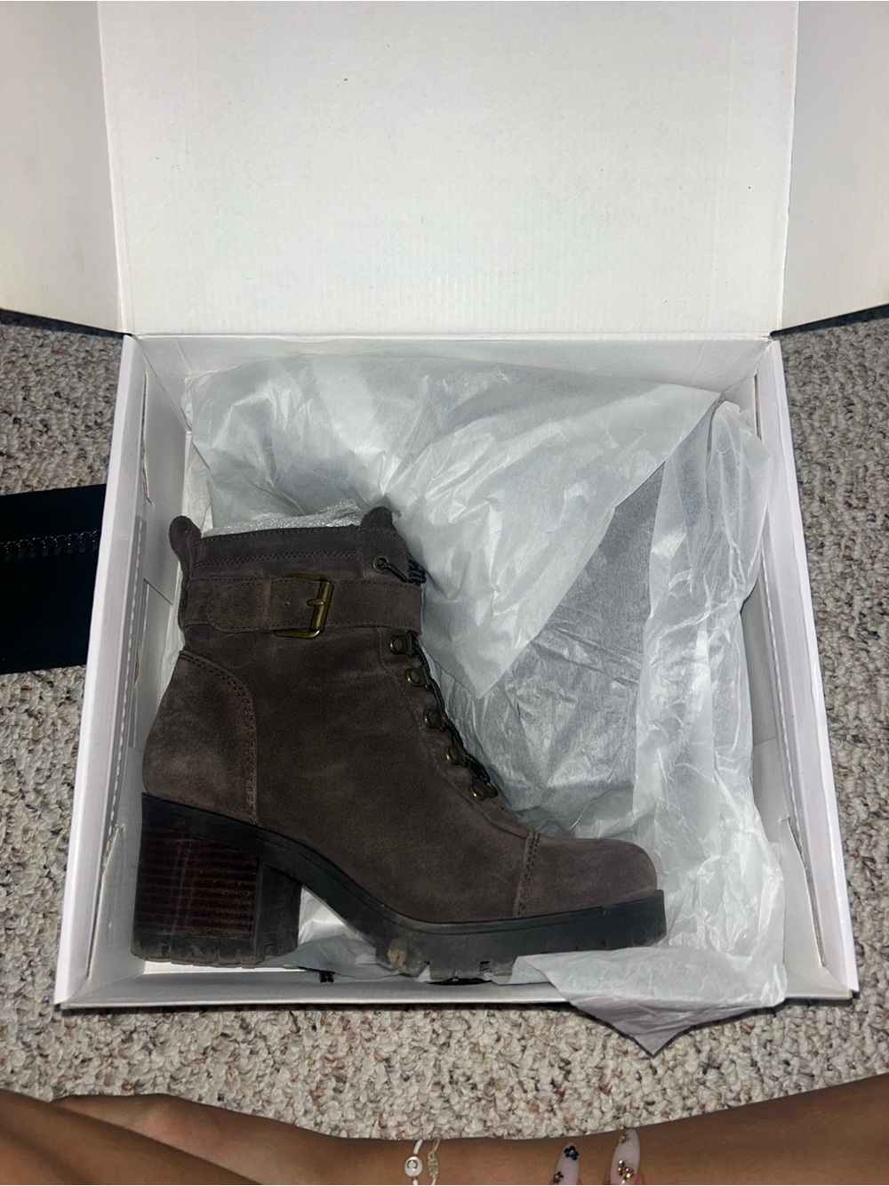 Nine West Brown Suede Lace-Up Block Heel Moto Boot